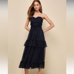 NWT - Navy Swiss Dot Strapless Midi Dress